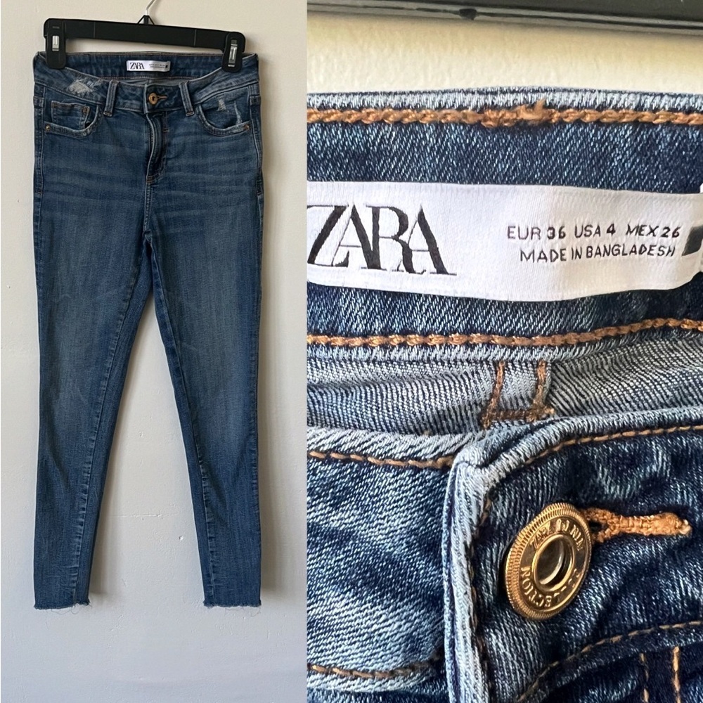 Zara MID rise Skinny Jeans with raw hem size 4